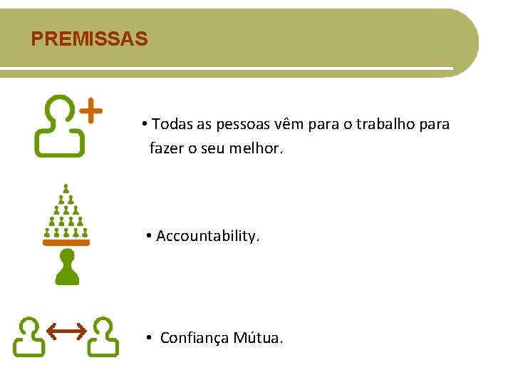 PREMISSAS • Todas as pessoas vêm para o trabalho para fazer o seu melhor.