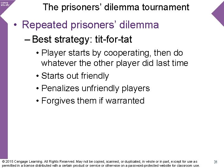 The prisoners’ dilemma tournament • Repeated prisoners’ dilemma – Best strategy: tit-for-tat • Player