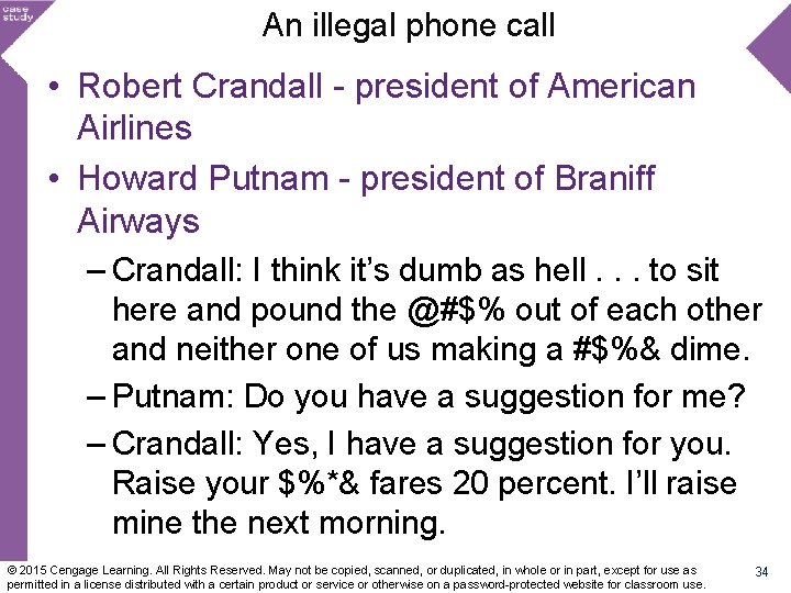 An illegal phone call • Robert Crandall - president of American Airlines • Howard