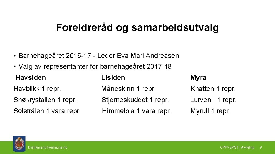 Foreldreråd og samarbeidsutvalg • Barnehageåret 2016 -17 - Leder Eva Mari Andreasen • Valg