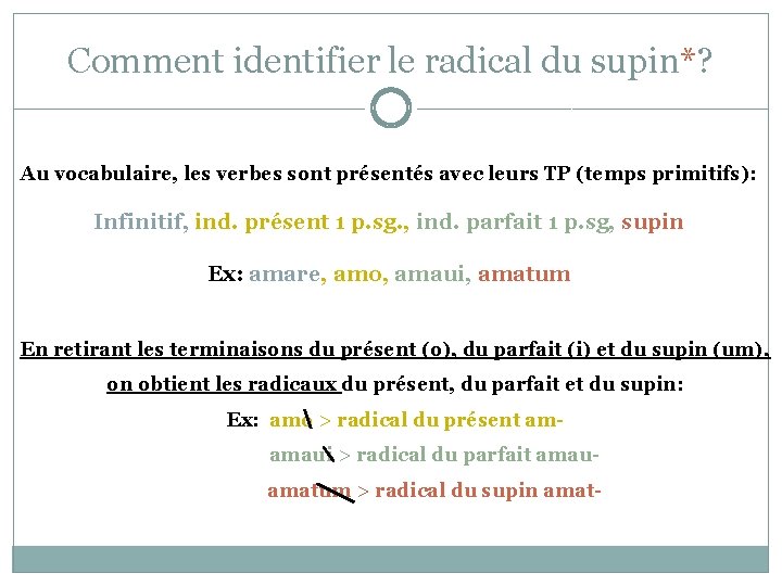 Comment identifier le radical du supin*? Au vocabulaire, les verbes sont présentés avec leurs