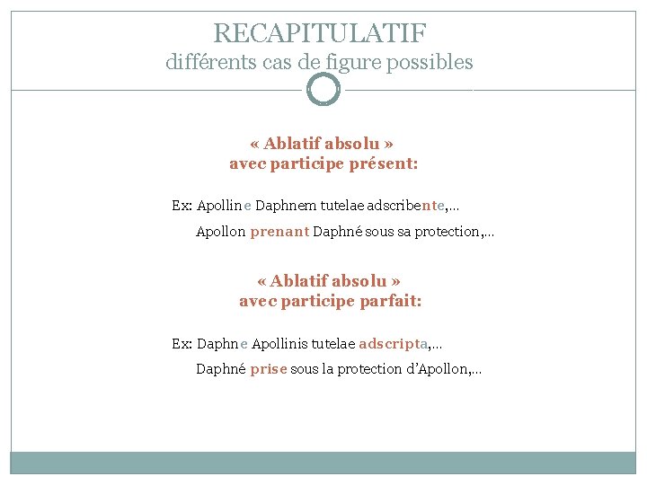 RECAPITULATIF différents cas de figure possibles « Ablatif absolu » avec participe présent: Ex: