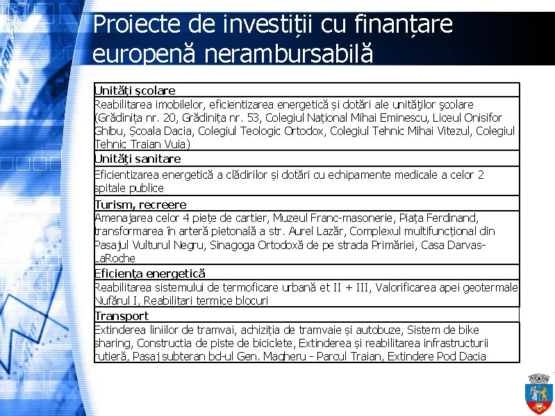 Proiecte de investiții cu finanțare europenă nerambursabilă Unităţi şcolare Reabilitarea imobilelor, eficientizarea energetică și