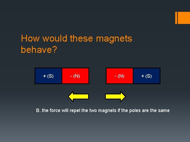 How would these magnets behave? + (S) - (N) + (S) B. the force
