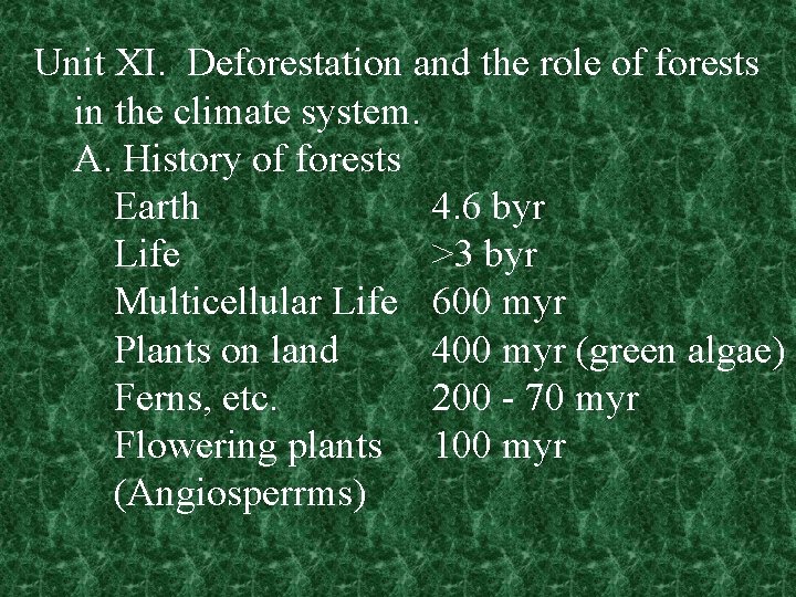 Unit XI. Deforestation and the role of forests in the climate system. A. History