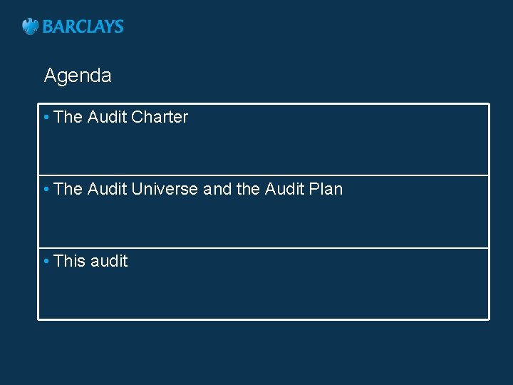 Agenda • The Audit Charter • The Audit Universe and the Audit Plan •