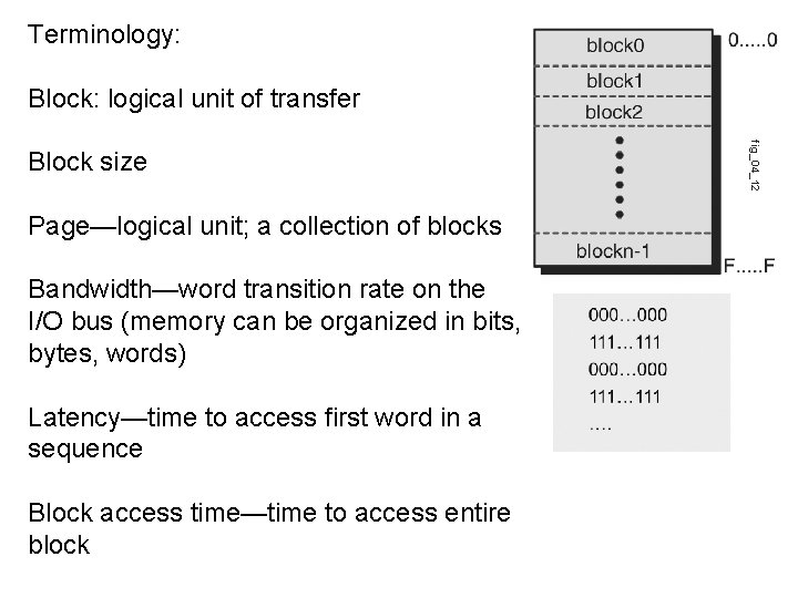 Terminology: Block: logical unit of transfer Page—logical unit; a collection of blocks Bandwidth—word transition