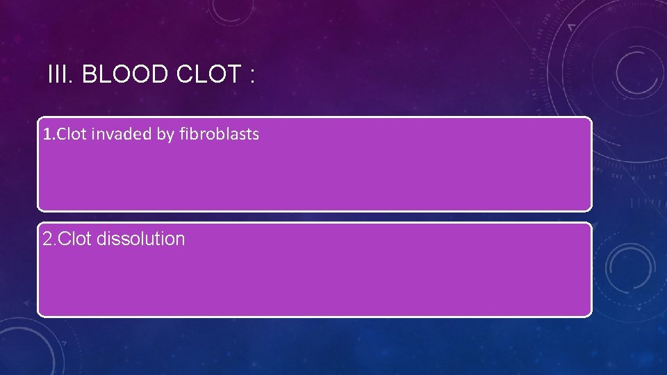 III. BLOOD CLOT : 1. Clot invaded by fibroblasts 2. Clot dissolution 