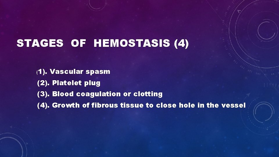 STAGES OF HEMOSTASIS (4) (1). Vascular spasm (2). Platelet plug (3). Blood coagulation or