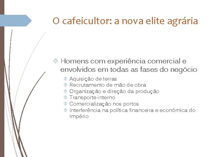 O cafeicultor: a nova elite agrária Homens com experiência comercial e envolvidos em todas