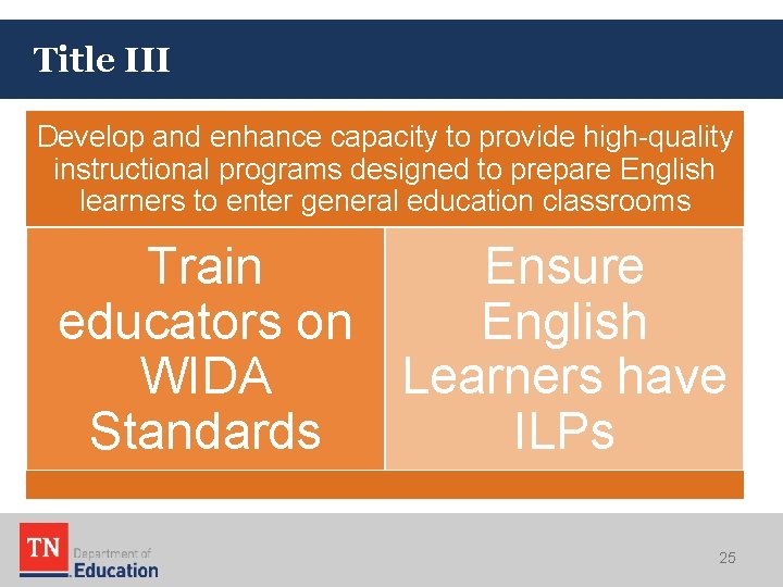 Title III Develop and enhance capacity to provide high-quality instructional programs designed to prepare