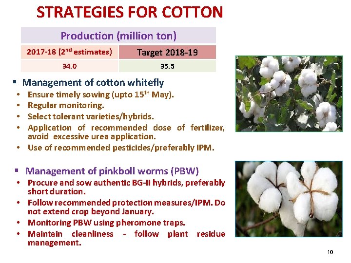 STRATEGIES FOR COTTON Production (million ton) 2017 -18 (2 nd estimates) Target 2018 -19