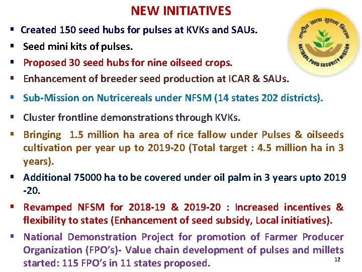 NEW INITIATIVES § § Created 150 seed hubs for pulses at KVKs and SAUs.