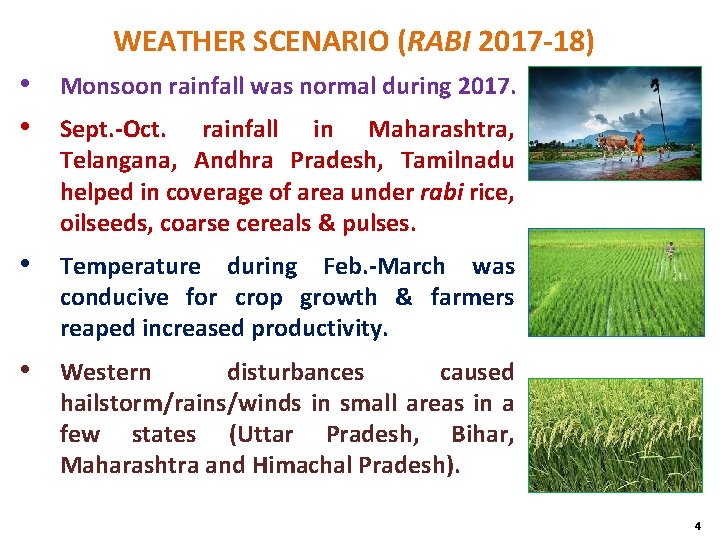 WEATHER SCENARIO (RABI 2017 -18) • Monsoon rainfall was normal during 2017. • Sept.