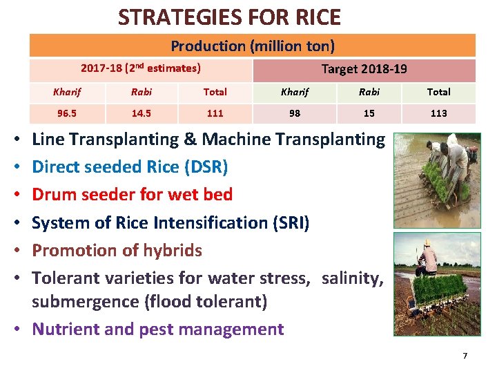 STRATEGIES FOR RICE Production (million ton) Target 2018 -19 2017 -18 (2 nd estimates)