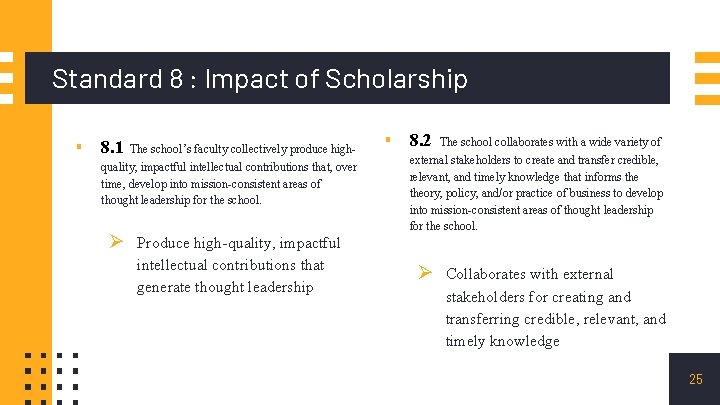 Standard 8 : Impact of Scholarship ▪ 8. 1 The school’s faculty collectively produce