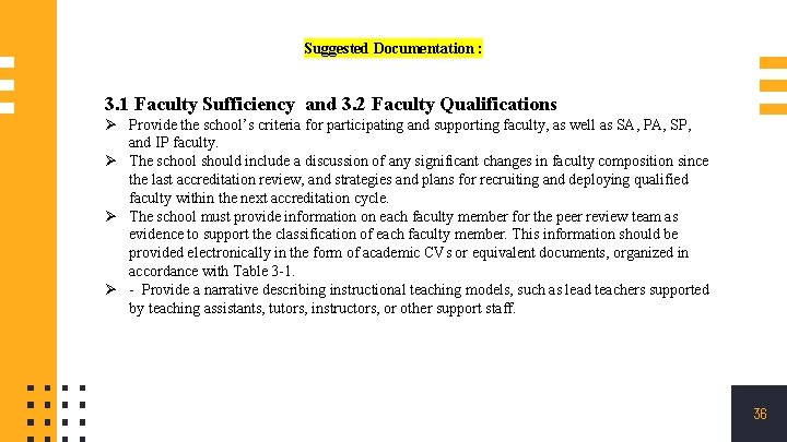 Suggested Documentation : 3. 1 Faculty Sufficiency and 3. 2 Faculty Qualifications Ø Provide