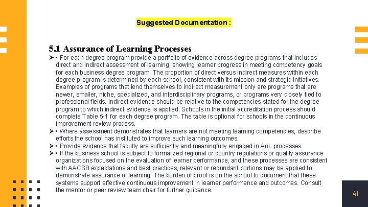 Suggested Documentation : 5. 1 Assurance of Learning Processes Ø • For each degree