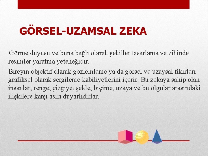 GÖRSEL-UZAMSAL ZEKA Görme duyusu ve buna bağlı olarak şekiller tasarlama ve zihinde resimler yaratma