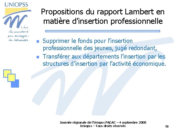 Propositions du rapport Lambert en matière d’insertion professionnelle Supprimer le fonds pour l’insertion professionnelle