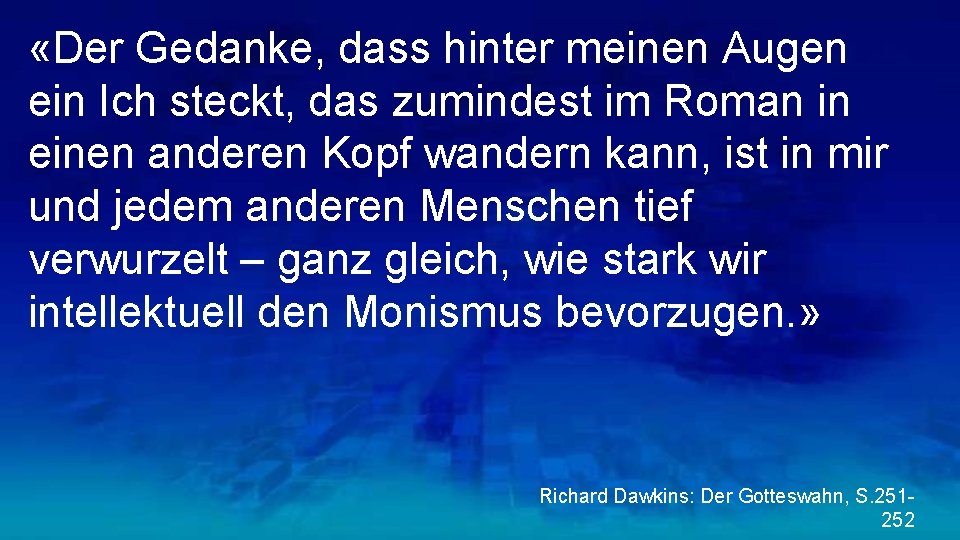  «Der Gedanke, dass hinter meinen Augen ein Ich steckt, das zumindest im Roman