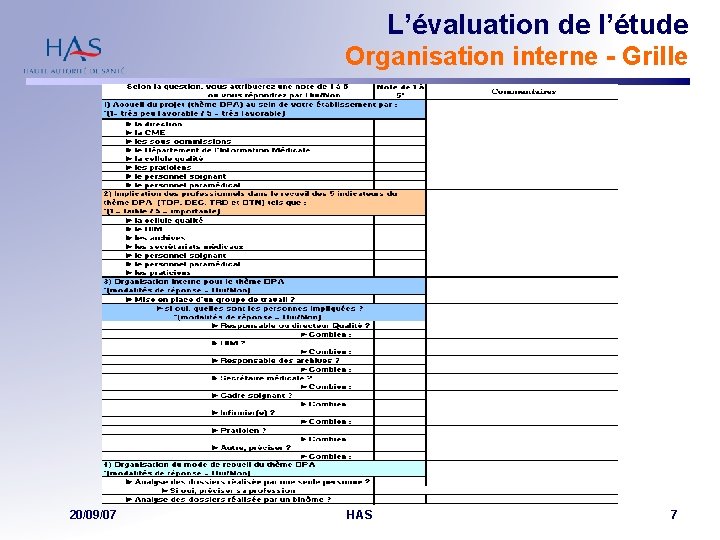 L’évaluation de l’étude Organisation interne - Grille 20/09/07 HAS 7 