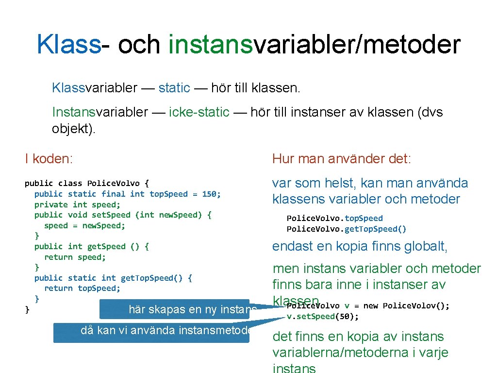 Klass- och instansvariabler/metoder Klassvariabler — static — hör till klassen. Instansvariabler — icke-static —