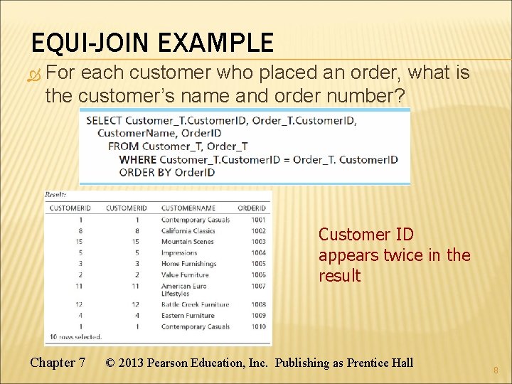 EQUI-JOIN EXAMPLE For each customer who placed an order, what is the customer’s name