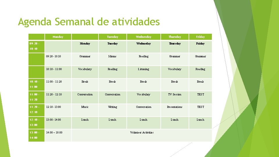 Agenda Semanal de atividades Monday Tuesday Wednesday Thursday Friday 09: 20 -10: 10 Grammar