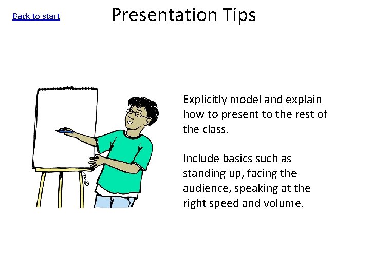 Back to start Presentation Tips Explicitly model and explain how to present to the