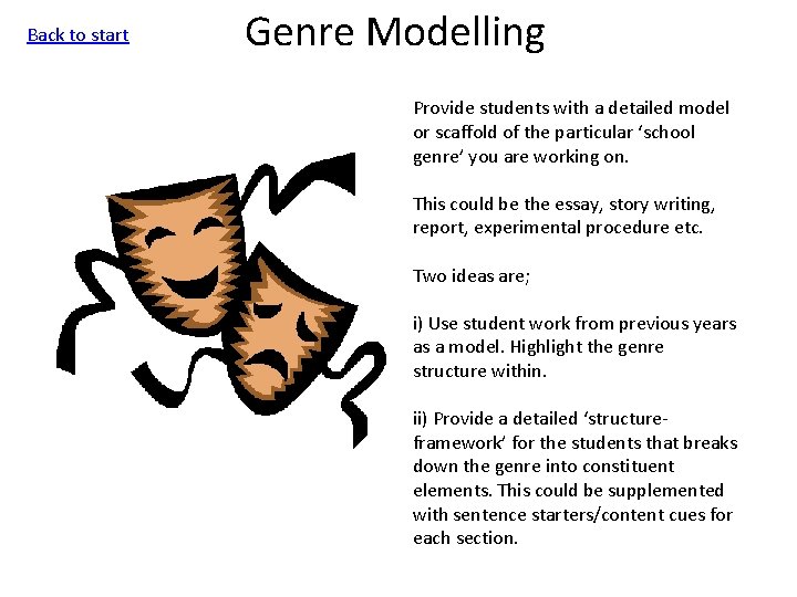 Back to start Genre Modelling Provide students with a detailed model or scaffold of