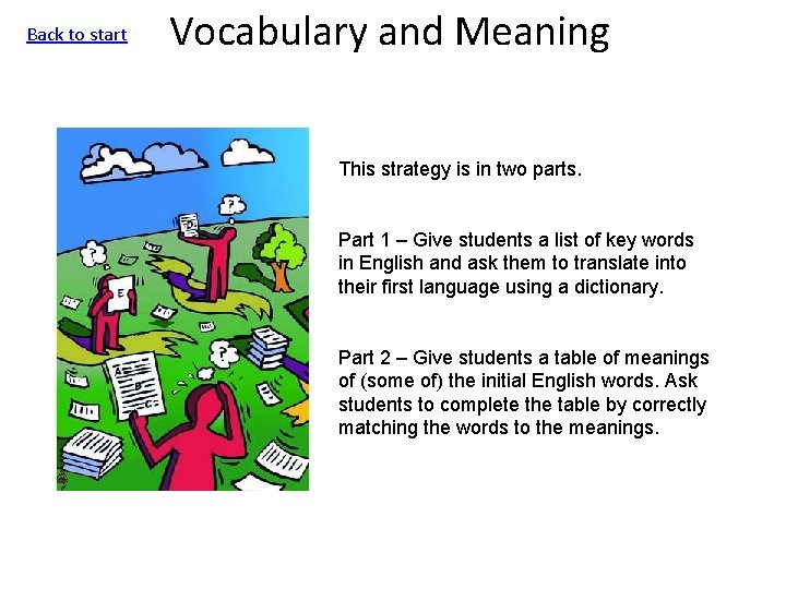Back to start Vocabulary and Meaning This strategy is in two parts. Part 1