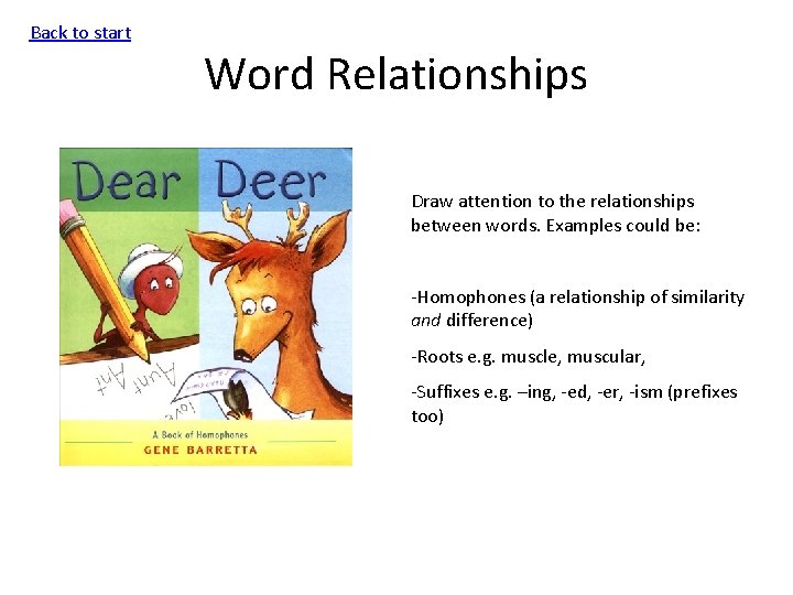 Back to start Word Relationships Draw attention to the relationships between words. Examples could