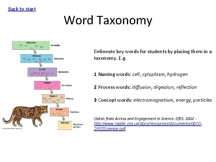 Back to start Word Taxonomy Delineate key words for students by placing them in