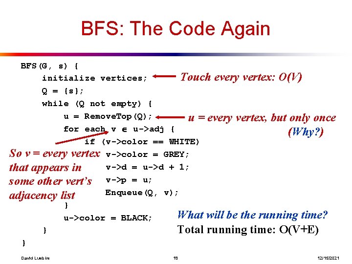BFS: The Code Again BFS(G, s) { Touch every vertex: O(V) initialize vertices; Q