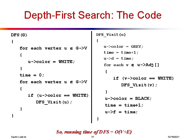 Depth-First Search: The Code DFS_Visit(u) { u->color = GREY; time = time+1; u->d =