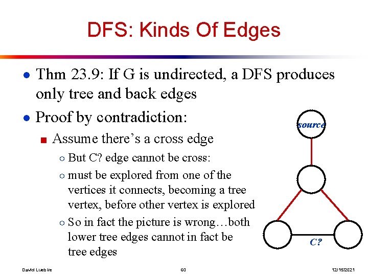 DFS: Kinds Of Edges ● Thm 23. 9: If G is undirected, a DFS