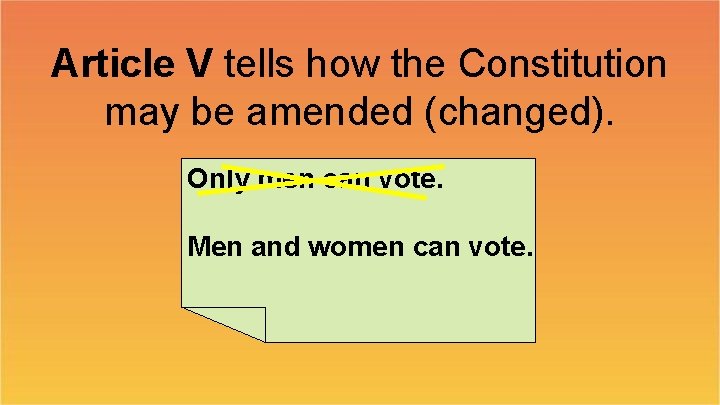 Article V tells how the Constitution may be amended (changed). Only men can vote.