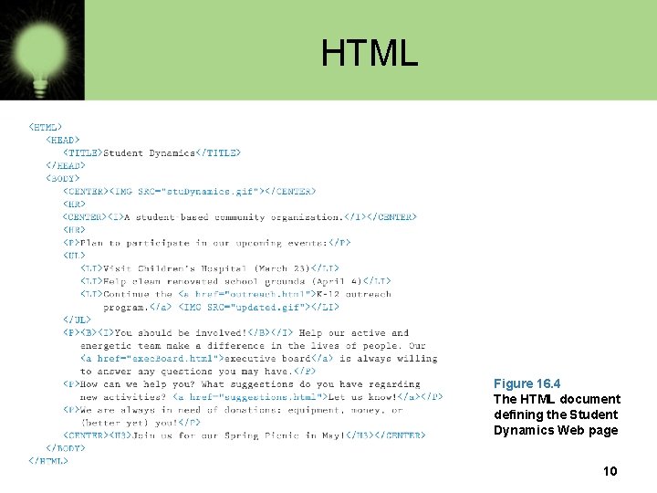 HTML Figure 16. 4 The HTML document defining the Student Dynamics Web page 10