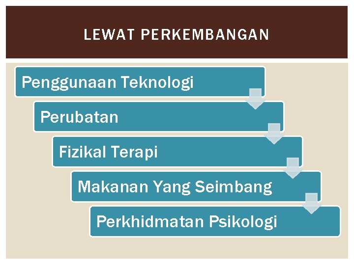 LEWAT PERKEMBANGAN Penggunaan Teknologi Perubatan Fizikal Terapi Makanan Yang Seimbang Perkhidmatan Psikologi 