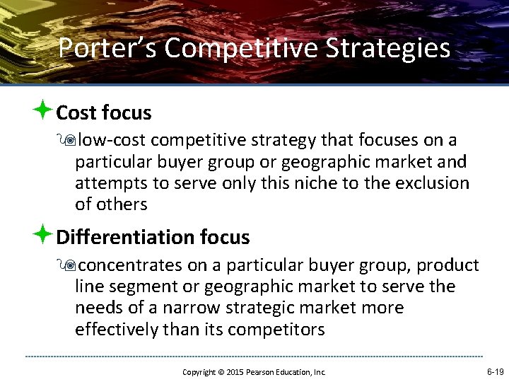 Porter’s Competitive Strategies ªCost focus 9 low-cost competitive strategy that focuses on a particular