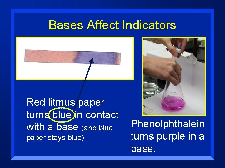 Bases Affect Indicators Red litmus paper turns blue in contact with a base (and