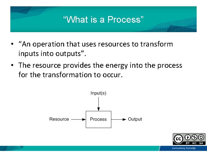 “What is a Process” • “An operation that uses resources to transform inputs into