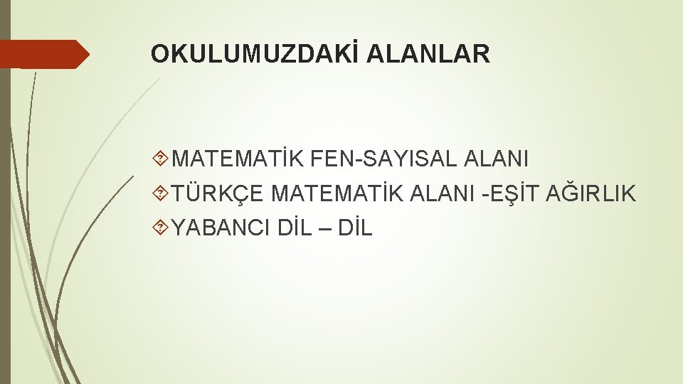 OKULUMUZDAKİ ALANLAR MATEMATİK FEN-SAYISAL ALANI TÜRKÇE MATEMATİK ALANI -EŞİT AĞIRLIK YABANCI DİL – DİL