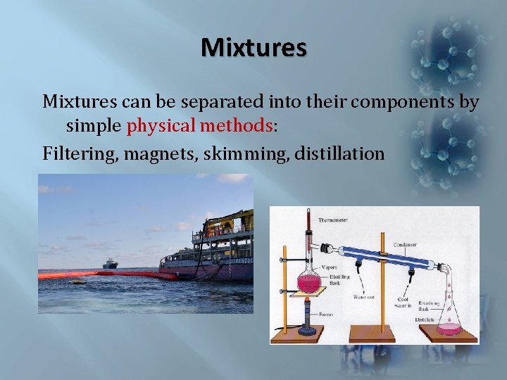 Mixtures can be separated into their components by simple physical methods: Filtering, magnets, skimming, Mixtures can be separated into their components by simple physical methods: Filtering, magnets, skimming,