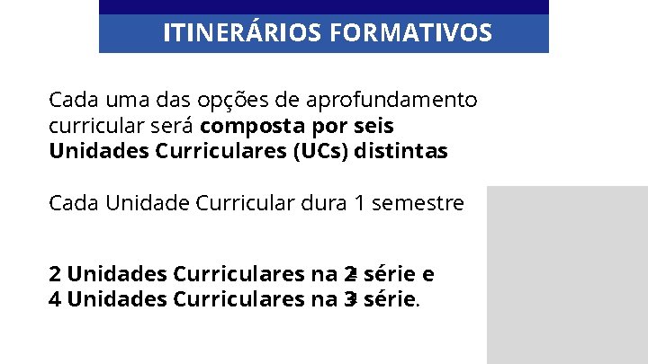 ITINERÁRIOS FORMATIVOS Cada uma das opções de aprofundamento curricular será composta por seis Unidades
