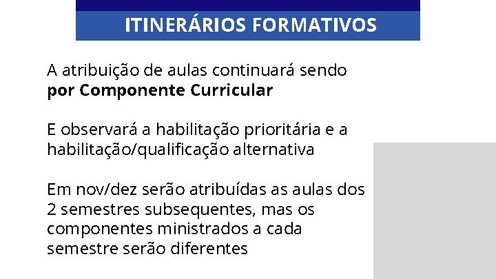 ITINERÁRIOS FORMATIVOS A atribuição de aulas continuará sendo por Componente Curricular E observará a