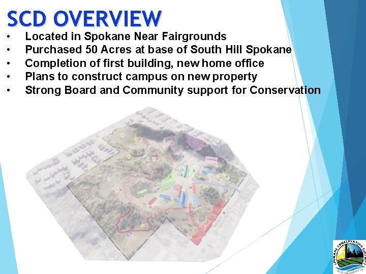 SCD OVERVIEW • • • Located in Spokane Near Fairgrounds Purchased 50 Acres at