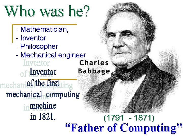 Who was he? - Mathematician, - Inventor - Philosopher - Mechanical engineer (1791 -