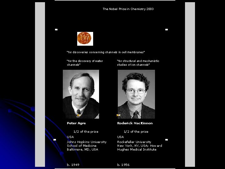The Nobel Prize in Chemistry 2003 "for discoveries concerning channels in cell membranes" "for